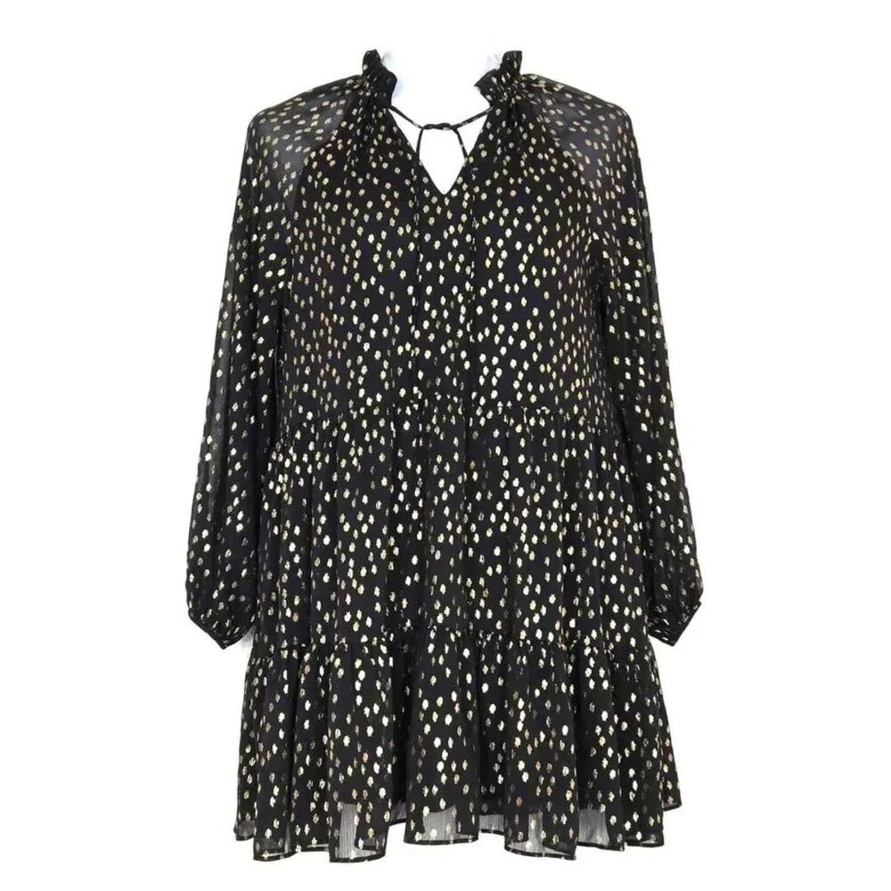 H&M Black Gold Polka Dot Tiered Balloon-Sleeved Mini Dress Size 2